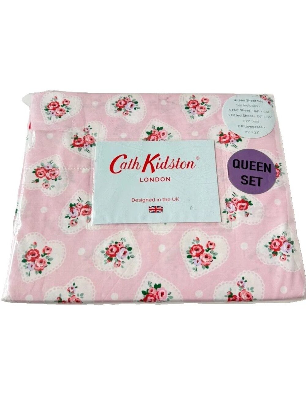Cath Kidston London Lace Hearts Queen Sheet Set 2 Pillowcase Floral Rose pink